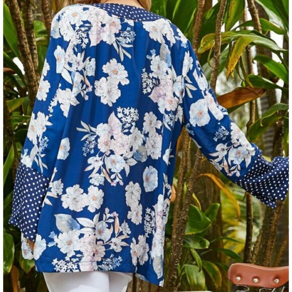 Suzanne Betro Floral Polka Dot Printed Kimono Top Cardigan Blue Long Sleeves 1X - Picture 13 of 14
